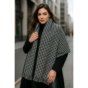 Women's Black Houndstooth Pattern Scarf - Shawl 70x180 Cm Sal1220 - Black1 - Product Image 4