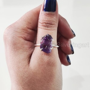 Bague pour femme en argent sterling 925 réglable, avec pierre brute naturelle d'améthyste, pierre de naissance de février, pour la création de bijoux - Product Image 2
