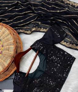 Hermoso color negro rico fiesta y función desgaste suave Georgette tela hilo de secuencia múltiple trabajo peso ligero elegante Saree - Product Image 6