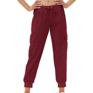 กางเกงคาร์โก้เอวสูง ผ้าซาตินคอตตอน 100% กางเกงขายาวผู้หญิง เอวผูกเชือก กระเป๋าสไตล์คาร์โก้ กางเกงแฟชั่น - Product Image 1