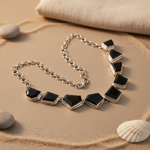 "Statement #Fashion Beaded #Silver Geometric Onyx Necklace for Women" - Product Image 2