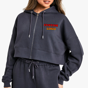 Ropa de calle recortada con cremallera completa, sudaderas con capucha para mujer, hombros caídos, anti-pilling, personalizado, 3D, logotipo impreso, transpirable, Sudadera con capucha para mujer - Product Image 6