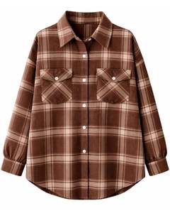 Women Oversized Plaid Button Up Shirt Brown Long <b>Sleeve</b> Casual Flannel Checkered Pocket Tunic <b>Top</b> Soft Autumn Winter Wholesale - Product Image 1