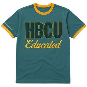 HBCU Educated Teal Green Ringer <b>T</b> <b>Shirt</b> 100 Cotton Chenille Embroidery Mustard <b>Yellow</b> Letters Unisex Collegiate Fashion Gift - Product Image 3
