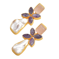 Anting-anting gantung kuningan alami mutiara air tawar amethyst rose quartz gaya bohemian desain bunga lapis emas 18K bebas nikel