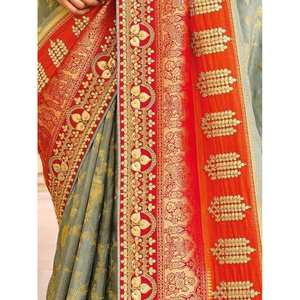 Sari Tradicional de Seda Dola Pura en un Delicioso Gris y Naranja con Bordado para Bodas y Festivales - Product Image 2