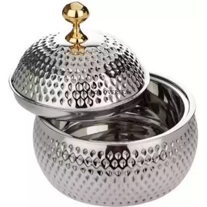 Bol de forme ronde fini argent avec couvercle supérieur à texture martelée plaquée or de haute qualité et support de base de concepteur de feuilles d'Inde - Product Image 6