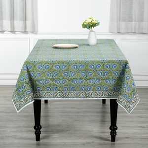 Mantel bohemio de algodón indio hecho a mano, mantel de comedor elegante con estampado floral de niebla verde - Product Image 4