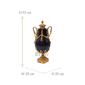 Jarrón decorativo antiguo de latón y porcelana con acabado azul marino, detalles dorados ornamentados, diseño de inspiración vintage y lujoso - Product Image 5