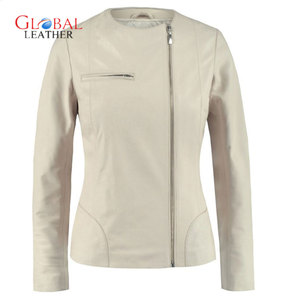 <b>White</b> Collarless Real Sheepskin Leather <b>Jacket</b> for Women - Product Image 1