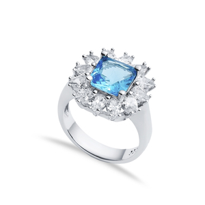 Aquamarine CZ Stone Square Shape Silver Cluster Stony <b>Ring</b> Handcrafted 925 Sterling Fine Jewellery Handmade Jewelry - Product Image 1