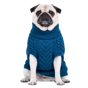 เสื้อสเวตเตอร์สุนัขถักลายเคเบิลสีเขียวอมฟ้า นุ่ม อุ่น สวมใส่สบาย เหมาะสำหรับสุนัขพันธุ์เล็กและกลาง ดีไซน์ทันสมัย สีสันสวยงาม ให้ความรู้สึกสบายขณะสวมใส่ - Product Image 1