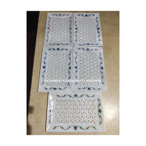 Bandeja artesanal de piedra lujosa hecha a mano de mármol puro con impresionante Jali y trabajo de incrustaciones para uso doméstico y hotelero - Product Image 1