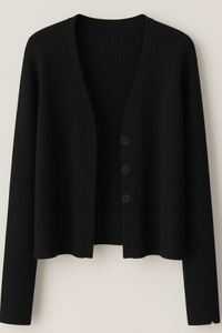 Cardigan court en tricot côtelé uni pour femme, pull léger extensible à manches longues avec boutons, ensemble respirant et écologique - Product Image 2