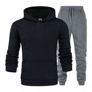 Chándal de entrenamiento de lana Tech para gimnasio para hombre, conjunto de dos piezas con patrón sólido y cuello con capucha para correr en invierno - Product Image 1