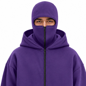 Veste à capuche double balaclava pour homme en polyester et coton, fermeture éclair intégrale, style décontracté avec capuche superposée pour hommes - Product Image 3