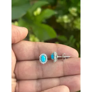 Pendientes de Plata 925 con Turquesa Natural, Estilo Bohemia, con Forma de Bola y Número, Engaste de Bisel, Ideales para Regalo o Aniversario - Product Image 2