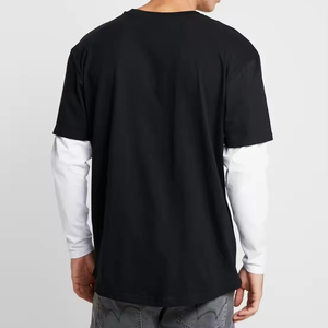 Hommes de haute qualité faux deux T-shirts à manches longues logo personnalisé décontracté ample T-shirt à manches doubles pour hommes - Product Image 3