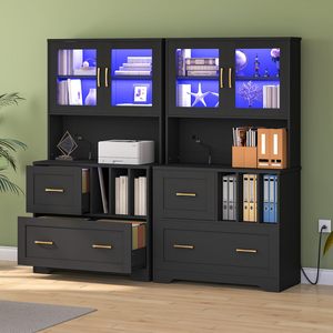 Meuble de bureau moderne en bois noir avec éclairage LED, portes vitrées, tiroir de classement latéral, bibliothèque et support d'imprimante - Product Image 3