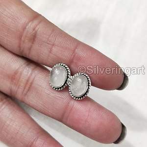 Boucles d'oreilles à clous pour femmes, pierre précieuse en quartz rose naturel, boucles d'oreilles bohèmes à clous, bijoux faits à la main, boucles d'oreilles à clous en argent sterling 925 - Product Image 4