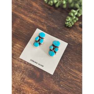 Lydia Begay Kingman <b>Earrings</b> Turquoise & Sterling <b>Silver</b> Post Dangle Cluster Stud Drop for Gift Featuring Gold Pearl & Diamond - Product Image 3