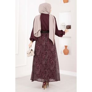 Conjunto Formal Otoñal para Mujer, Camisa de Manga Larga con Estampado Borgoña y Falda de Gasa con Cinturón - Product Image 6