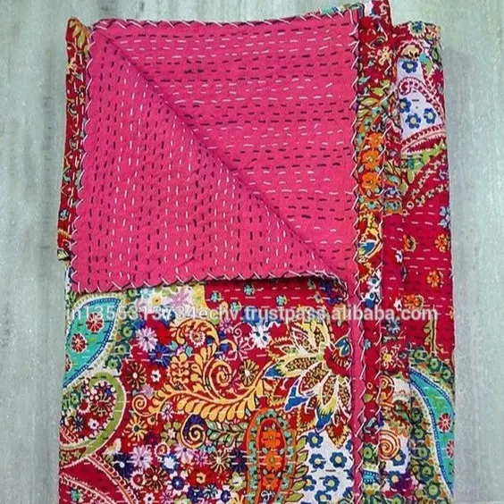 Hand Stitch Indian Vintage Kantha Quilt, Omkeerbaar 100% Katoen Deken Etnische Gooi Bedcover