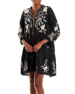 Robe noire en lin de style bohème, silhouette en A, col en V, motif floral et d'oiseaux brodé à la main, manches bouffantes trois quarts pour femmes - Product Image 3