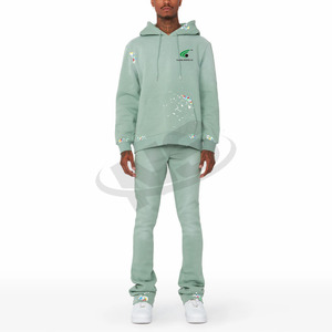 Survêtement évasé léger et personnalisé délavé à l'acide pour hommes ensemble de survêtement à capuche deux pièces avec logo sérigraphie vente en gros - Product Image 1