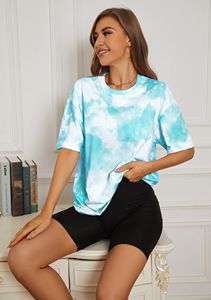 Camiseta de Cuello Redondo con Estampado Tie Dye Verde para Mujer, Manga Corta, Corte Holgado, Informal, 100% Algodón Tejido, Transpirable, Estilo Primavera-Verano - Product Image 6