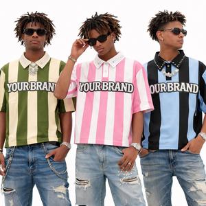 Polo de rugby à rayures verticales personnalisé pour hommes, 100 % coton, broderie en strass, coupe ample, style streetwear - Product Image 1