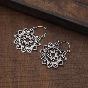 Trendy Mandala Design Flower Tribal <b>Hoop</b> Jewellery 925 <b>Sterling</b> <b>Silver</b> Fine <b>Earrings</b> Women Girl Fashionable Floral Accessories - Product Image 3