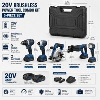 Kit combiné d'outils électriques sans fil 5-en-1 20V sans balais pour chantier de construction et site industriel avec 2 batteries Li-ion