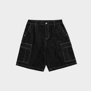 Short en jean ample décontracté pour homme, style streetwear, logo personnalisé, surpiqûres contrastées, denim uni, short baggy pour homme, hip hop, short pour homme - Product Image 3