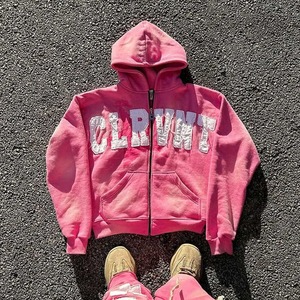 Sweat à capuche personnalisé pour hommes lavé à l'acide avec patch de broderie vintage en polaire zippée à motif imprimé vieilli - Product Image 1