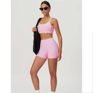 Conjunto deportivo de 2 piezas para mujer, superventas, logotipo personalizado, sujetador y pantalones cortos transpirables OEM con logotipo frontal/cintura para Yoga - Product Image 5