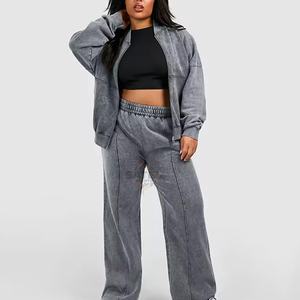 Survêtement à capuche zippé intégral délavé à l'acide personnalisé 2025, pantalon évasé, 100% coton, hiver, décontracté, lourd, Pakistan - Product Image 3