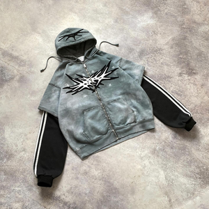 Sudadera con Capucha Vintage para Hombre, Lavada al Ácido, Desgastada, con Bloques de Color en Contraste y Apliques Bordados, Estilo Cuadrado para Invierno - Product Image 1