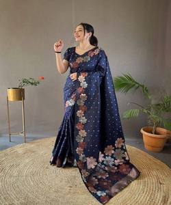 BOLLYWOOD SOFT LICHI SOIE JACQUARD SAREE AVEC BLOUSE NON COUCHÉE VÊTEMENT DE SOIRÉE PRIX DE GROS VÊTEMENT ETHNIQUE BLEU MARINE - Product Image 1