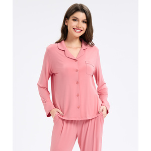 Conjuntos de Pijamas de Mujer en Viscosa de Bambú con Cuello de Solapa, Colores Sólidos, Estampados Geométricos y de Dibujos Animados, Cintura Elástica con Botones para Usar en Casa - Product Image 3