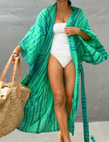 Nouvelle Robe Longue Femme 2024 Tie-Dye Col V à Cordon Manches Longues en Rayonne Viscose Respirante et Douce pour Vacances d'Été et Plage