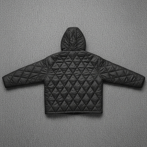 เสื้อโค้ทสีดำบุฟองน้ำสำหรับผู้ชายเสื้อแจ็คเก็ตแบบมีฮู้ดเสื้อโค้ทขนเป็ดมีซิปรูดออกแบบลายเพชรสำหรับผู้ชายโลโก้ตามต้องการ - Product Image 4