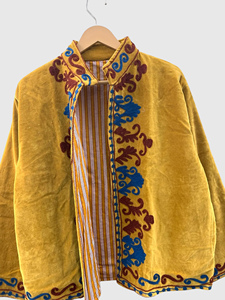 Veste en velours brodée florale jaune à manches longues, taille plus, col mandarin, vêtements d'automne pour femmes - Product Image 4