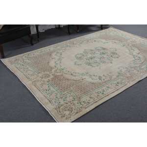 Alfombra turca clásica Vintage Beige verde 6,2x9,4 pies lana hecha a mano con respaldo de látex patrón de retazos Rectangular para cabecera - Product Image 4