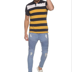 เสื้อโปโลคอปกลายทางสำหรับผู้ชายเสื้อเล่นกอล์ฟผ้าโพลีเอสเตอร์ผ้าสแปนเด็กซ์ทอแบบลำลอง - Product Image 1