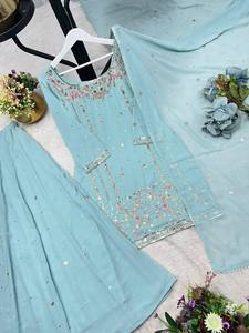 ชุดชารารา กาหรารา งานปักอินเดีย สำหรับฤดูหนาว แบบกลับด้านได้ เหมาะสำหรับงานปาร์ตี้ ผ้าจอร์เจตต์เย็บสำเร็จ ความยาวปานกลาง ดีไซน์เนอร์ งานดั้งเดิม ลายชาติพันธุ์ - Product Image 5