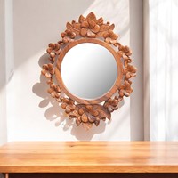 Miroir mural rond en bois sculpté à la main, luxueux et moderne, avec finition dorée pour la décoration de chambre à coucher