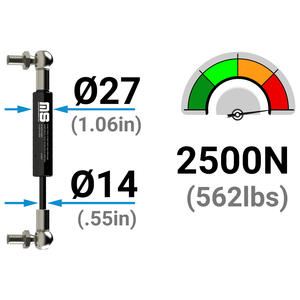 Amortiguador de gas cilíndrico industrial de acero negro 27mm-14mm 1025mm 40.35in 100N-2500N para maquinaria pesada y tractores MotionStruts - Product Image 2