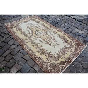 พรมตุรกีวินเทจคลาสสิกสีน้ำตาลเบจ3.7 x 6.8ft ต่อผ้าวูลยางรูปสี่เหลี่ยมสำหรับห้องนั่งเล่นห้องนอนของวัยรุ่น - Product Image 2