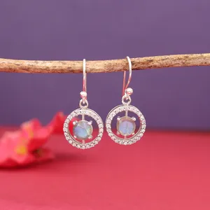 Boucles d'oreilles pendantes en argent 925, cercle rond en cristal et strass, bijoux classiques pour femmes, à porter au quotidien - Product Image 4